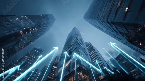 Arrows pointing up on buildings, Business growth in urban setting, Progress and development in city, Financial success and upward trend