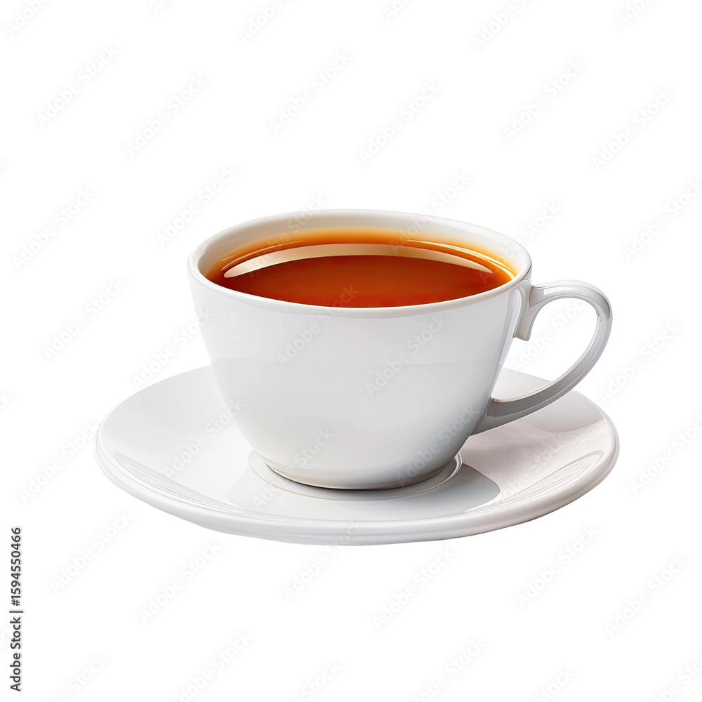 White ceramic teacup filled with dark-brown tea, on saucer White ceramic teacup filled with dark-brown tea, on saucer