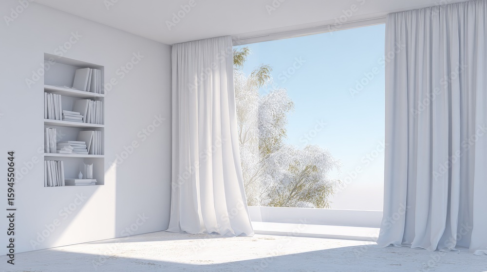 Fototapeta premium A bright, minimalist interior with a built-in bookcase and large windows.