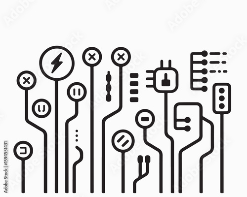 Electrical component symbols vector pack shows resistor, capacitor, transistor, diode, batterie, switch for circuit diagram designs, engineering visuals, electronics education, technical illustration