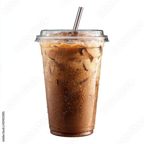 Iced iced coffee in a plastic cup with a straw