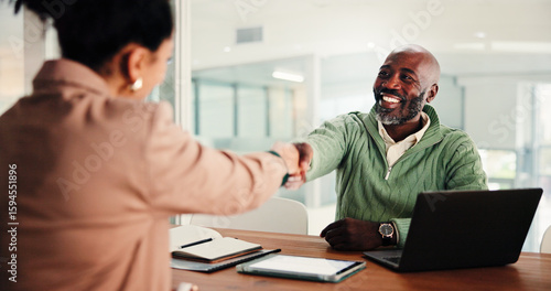 Quadro su tela Business man, woman and handshake at interview for recruitment process, agreement or smile at office