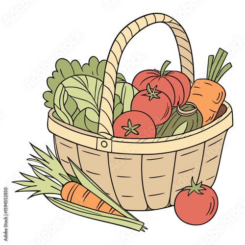 Harvest Basket: A hand-drawn illustration showcasing a basket brimming with fresh, vibrant vegetables, celebrating the bounty of the earth.