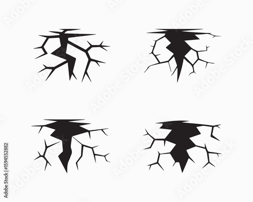 Crack and fissure silhouette set, shattered, broken, fracture, explosion, impact, destruction, burst, damage, shattered glass, cracked surface, abstract grunge distress hole, scratch texture vector
