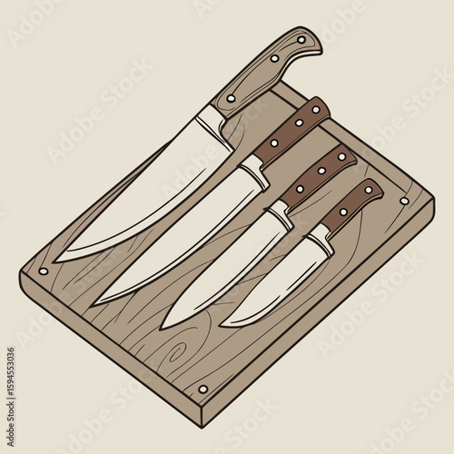 Kitchen Cutlery Ensemble: A set of meticulously crafted knives, featuring varying blade lengths and handle designs, rests elegantly on a wooden board. Designed for precision and culinary creativity.