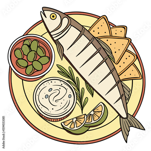 Fresh Seafood Platter: A beautifully illustrated plate of a perfectly grilled whole fish is presented with a selection of appetizing side dishes in a fresh and inviting tableau.