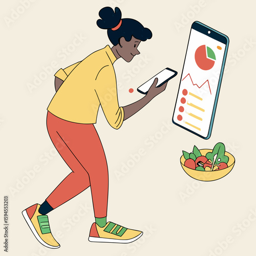 Mobile App Food Tracking: A person interacts with a mobile phone, reviewing a nutrition and dietary app, alongside a healthy meal