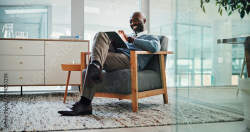 Obraz na plátně African businessman, tablet and smile at office with scroll, results and networking at investing agency