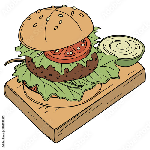 Delicious Gourmet Burger Illustration: A mouthwatering illustration captures a meticulously crafted gourmet burger, complete with fresh, vibrant ingredients, resting invitingly beside a dipping sauce.