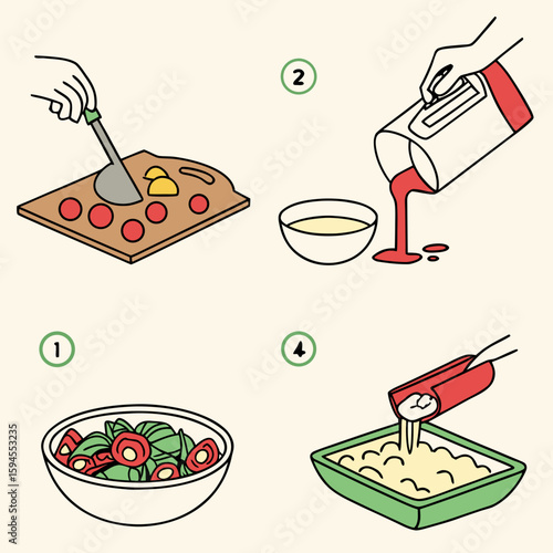 Culinary Choreography: A four-step illustration showcases the art of creating a delightful dish, revealing each crucial stage with a focus on ingredients and technique.