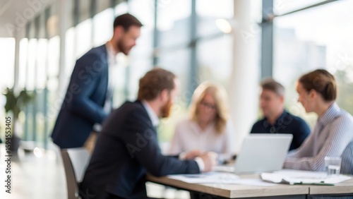 Strategy Session Blur — collaborative business meeting in blur with digital overlays
