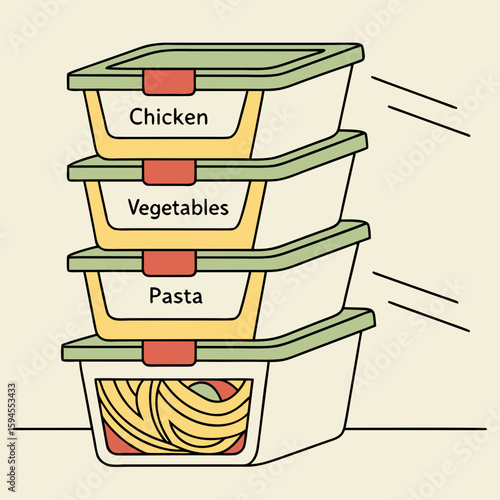 Culinary Storage: An illustration captures neatly organized food storage containers labeled for Chicken, Vegetables, and Pasta. This image focuses on organized food storage for meal preparation.