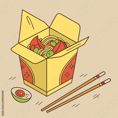 Noodle Delight: A delectable serving of noodles, fresh vegetables and a soft-boiled egg, temptingly presented with chopsticks and iconic takeout box.