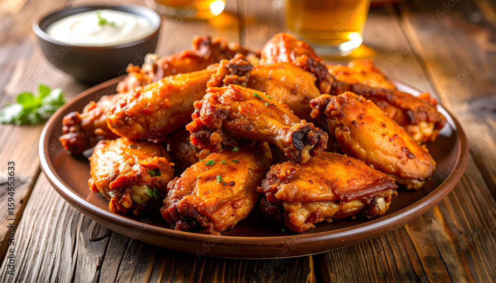 Fototapeta premium Appetizing chicken wings glazed with sauce on a brown plate served with dip and beer