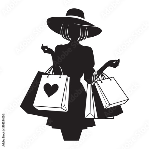Stylish silhouette of a woman with shopping bags and a wide brim hat