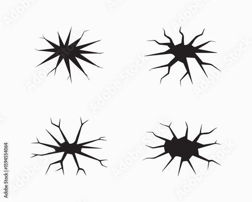 Crack and fissure silhouette set, shattered, broken, fracture, explosion, impact, destruction, burst, damage, shattered glass, cracked surface, abstract grunge distress hole, scratch texture vector