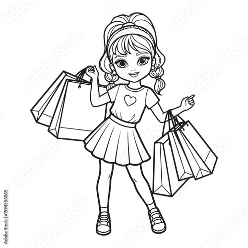 Cute cartoon girl with shopping bags in a simple line drawing style