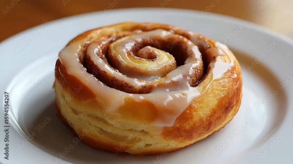 Fototapeta premium Glazed Cinnamon Roll on a White Plate