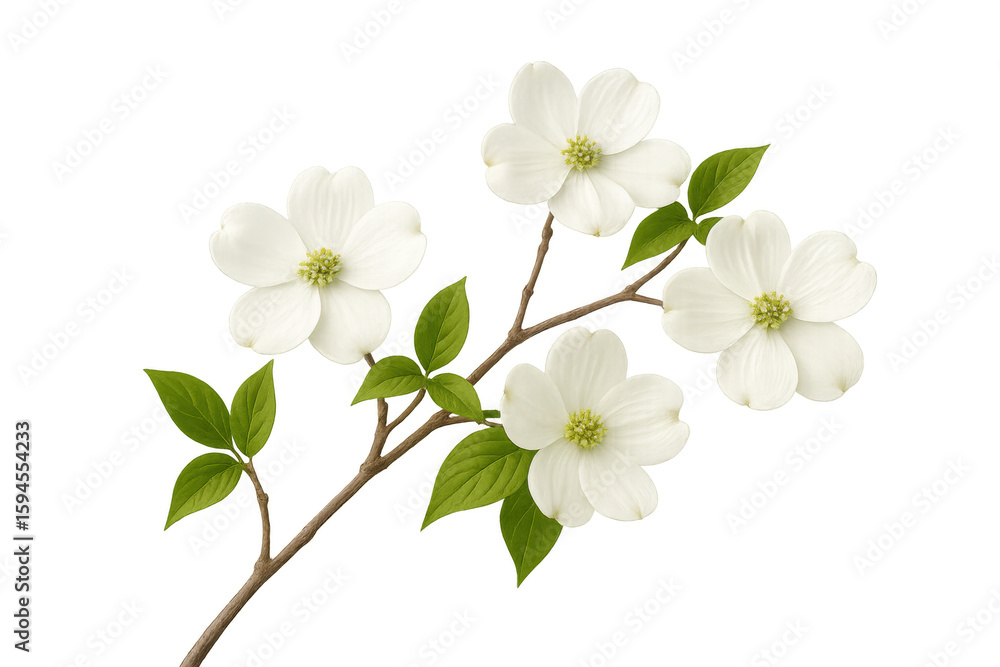 Fototapeta premium Delicate white dogwood blossoms nestling on leafy branch, transparent backdrop highlighting botanical spring freshness