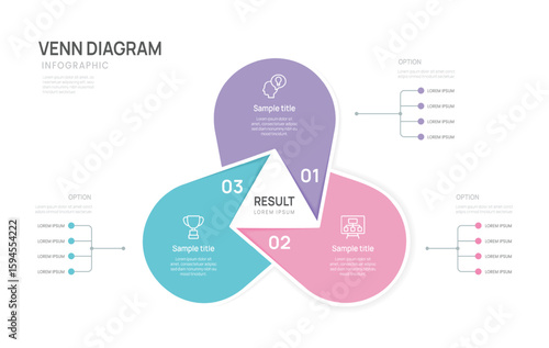 infographic business Venn diagram circle chart template 3 steps options, presentation with venn diagram elements vector illustration.