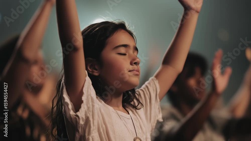 Young female child raises her hands and follows along at a church musical concert with other worshippers in the background around her