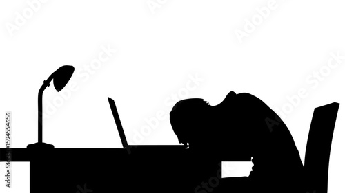Despair at the Desk Silhouette of Exhausted Worker Under Desk Lamp with Computer and Chair Revealing Burnout and Stress