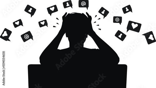 Overwhelmed by Social Media A Silhouette Depiction of Modern Anxiety and Digital Fatigue