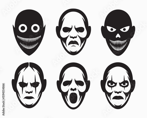 Collection of six stylized black and white scary face illustrations with various expressions and features