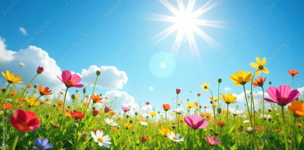 Sunlit wildflowers bloom under a brilliant blue sky, peaceful summer scene , bright sun, pastoral, sunshine Sunlit wildflowers bloom under a brilliant blue sky, peaceful summer scene , bright sun, pastoral, sunshine