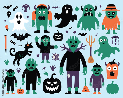 A cartoon illustration featuring halloween themed monsters ghosts and pumpkins on a light blue background
