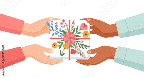 Hands Giving Floral Gift Box.. A detailed and professional representation of present, flowers, receiving.