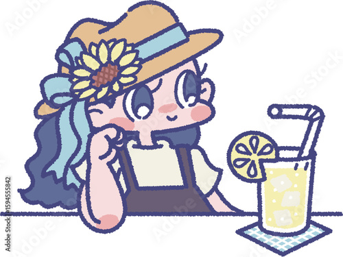 冷たいドリンクを飲んでリラックスしている帽子をかぶった女の子