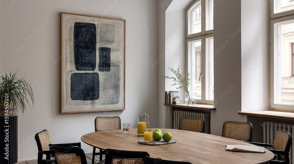 Fototapeta premium Interior scene with an abstract art piece above a dining table.