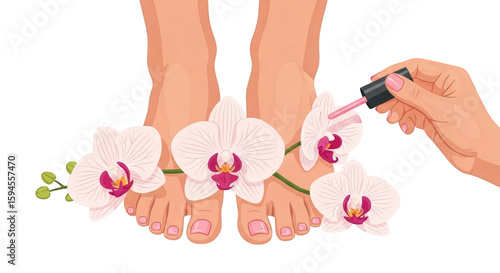 Pedicure with Orchid Flowers and Nail Polish.. A detailed and professional representation of feet, nails, pink.