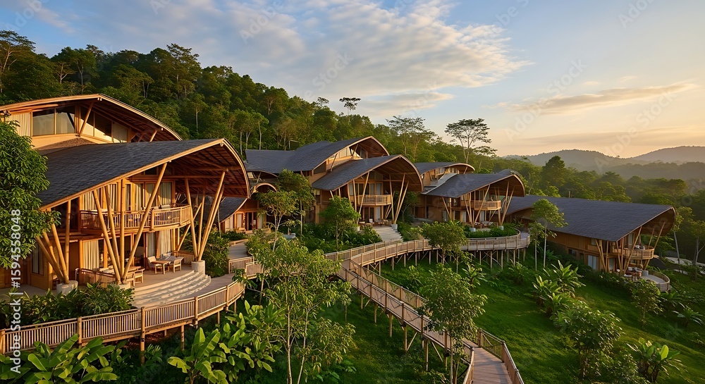 Fototapeta premium Serene Eco-Resort Nestled Amidst Lush Tropical Rainforest at Sunrise.