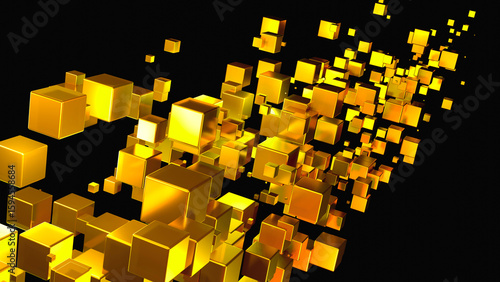 Abstract technology background with 3D cubes in space, golden glowing cubes o...