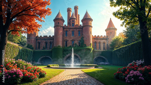 An ancient fairy-tale castle with ivy covered walls, a flower garden and a fountain AI generated