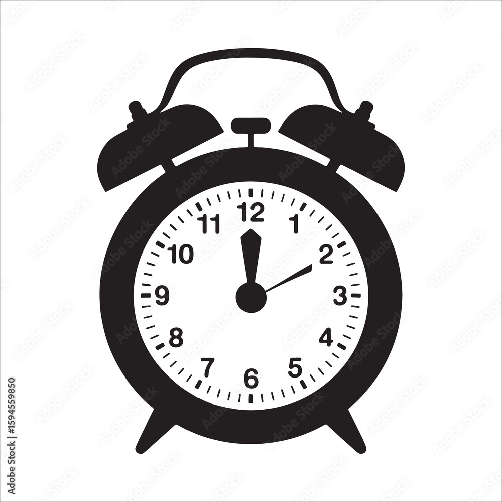 Classic black silhouette alarm clock with bells and hands pointing to midnight Classic black silhouette alarm clock with bells and hands pointing to midnight