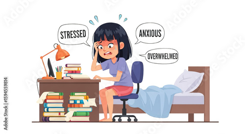 Stressed Student Overwhelmed by Homework.. A detailed and professional representation of anxiety, study, education.