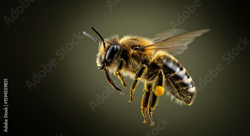 A honeybee in mid-flight, wings extended, with pollen visible on its leg, against a blurred, dark background.