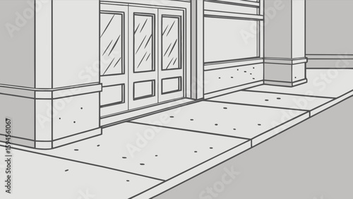 Architectural drawing of building entrance with double doors and sidewalk sketch illustration vector design