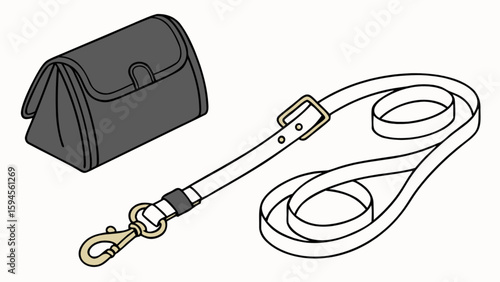 Dog walking accessories set vector illustration, poop bag holder and leash for pet owners, walkies time