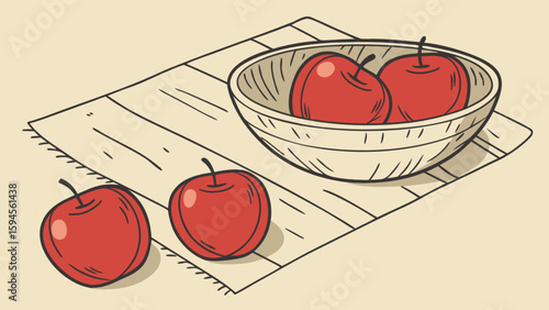 Red apples in bowl on table drawing illustration fruit still life kitchen decor healthy eating fresh food art 100