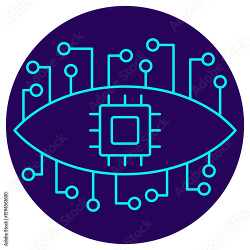 Computer Vision icon. Vector pictogram with thin lines on a dark blue circular background, combining an eye shape, microchip, and circuit connections