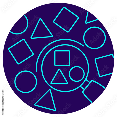 Data sampling icon. Vector pictogram with thin blue lines on a dark round background, depicting a magnifier selecting shapes from a set of circles, squares, and triangles