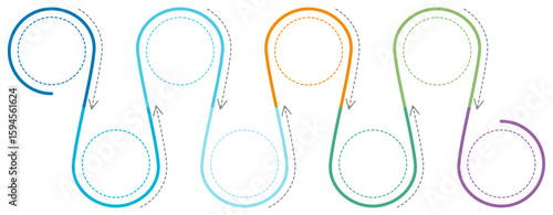 Colorful 8-step vector template for infographic, diagram, or business scheme on a transparent background. Clean flat line style with looped arrows connecting circular elements