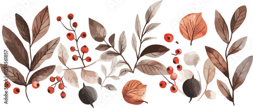 Watercolor Autumn Leaves and Berries Seamless Border on White Background Illustration