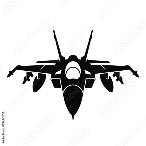 Black silhouette of a modern fighter jet on a white background