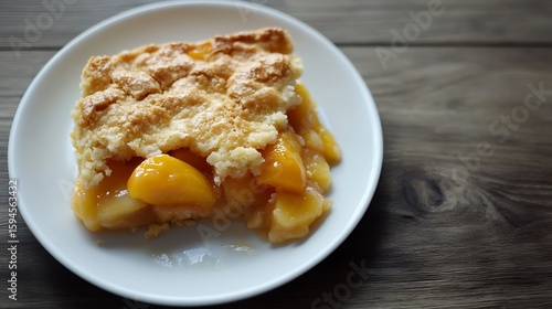 A slice of peach cobbler served on a white plate, featuring a golden-brown crust and juicy peaches.