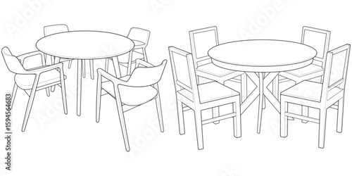 Hand-Drawn Dining Table Set Illustration. Outline Style Wooden Furniture for Interior and Home Design Projects